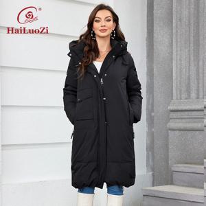 HaiLuoZi 2023 여성 겨울 코트 긴 두꺼운 파카 지퍼 업 따뜻한 여성 아웃웨어 경사 포켓 Drawstring 밑단 여성 자켓 1107