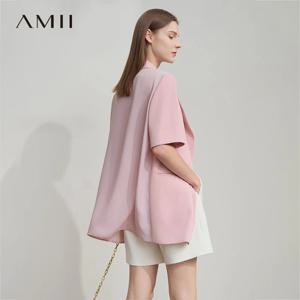 Amii 여성용 탑 미니멀리스트 2025 여름 신작 노치 라펠 대비 소재 패치 워크 원 버튼 반소매 블레이저 12542081