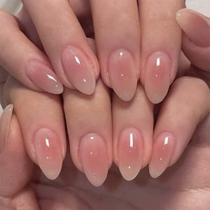 24Pcs 간단한 디자인으로 손톱에 짧은 타원형 머리 블러쉬 핑크 프레스 아몬드 손톱 접착제가있는 웨어러블 아크릴 풀 커버 네일 팁