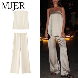 MUJER 2025 여성 팬츠 세트 여름 새틴 하이웨이스트 팬츠 여성 휴가 캐주얼 팬츠 여성 스트레이트 레그 트라우저