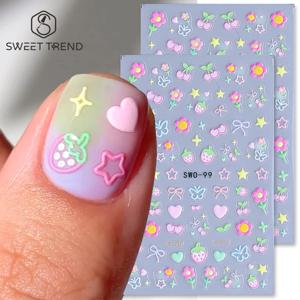 2pcs 달콤한 요소 네일 아트 스티커 간단한 꽃 하트 체리 딸기 카와이 데칼 다채로운 활 나비 매니큐어 슬라이더