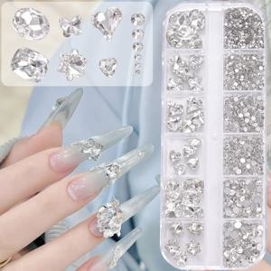 1 상자 3D 클리어 네일 아트 라인 석 12 모양 혼합 타원형, 나비, 하트, 꽃, 라운드 다이아몬드 네일 참 DIY 네일 아트 장식