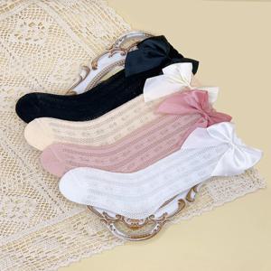 3/4 쌍의 아기 소녀용 리본 장식 모기 방지 양말, 유아용 부드러운 통기성 면 소재 아기 침대 양말, 유아용 여름 야외 놀이용