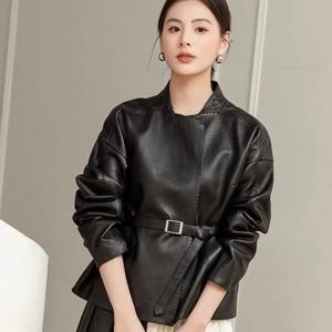 여성 봄 가을 가죽 자켓 벨트 짧은 탑 지퍼 코트 느슨한 복고풍 패션 디자인 감각 레저 단순 브랜드 소프트