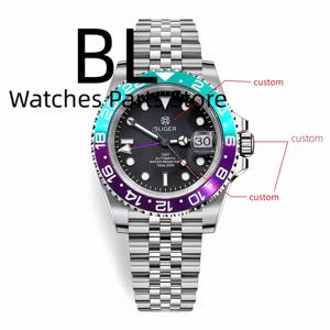 BLIGER 커스텀 로고 40MM 사파이어 GMT 기계식 남성용 시계 세라믹 베젤 10Bar 야광 신제품 엔드 링크 글라이드 락 브레이슬릿 렐로즈