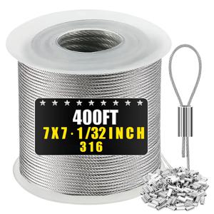 316 스테인레스 스틸 케이블, 50/100/200/400 피트 1/32인치 와이어 로프, 스트링 조명, 행거, 격자 라인 걸기용 알루미늄 슬리브 포함