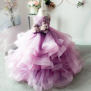 사용자 정의 꽃 소녀 드레스 보라색 Tulle 푹신한 꽃 결혼식 미인 대회 파티 첫 성찬식 가운에 대 한 활 짧은 소매