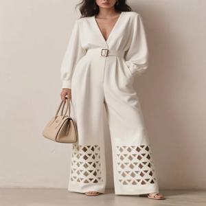 Yeezzi 여성 패션 홀로우 PU 가죽 벨트 딥 V넥 점프수트 긴 소매 솔리드 컬러 어반 여성 비즈니스 오버롤