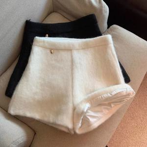 하이웨이스트 울 반바지 여성 Y2K 스트리트웨어 가을 겨울 캐주얼 와이드 레그 반바지 스몰 프래그런스 지퍼 핫티 스트레이트 반바지