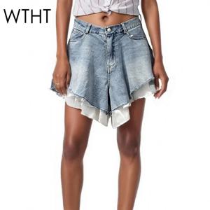 WTHT 새로운 패션 여성 패치 워크 밑단 워시 데님 반바지 2025 여름 유행 높은 허리 a 라인 짧은 바지 여성 1LS1393