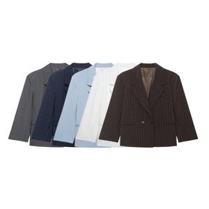 여성용 올드 머니 스타일 오버사이즈 스트라이프 블레이저 코트 긴 소매 앞주머니 시크 오버사이즈 탑 여성 아우터웨어