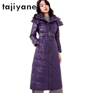 TAJIYANE 100% 리얼 양가죽 다운 코트 여성용 진짜 가죽 롱 패딩 재킷 후드 포함 2025 겨울 신상 여성 의류