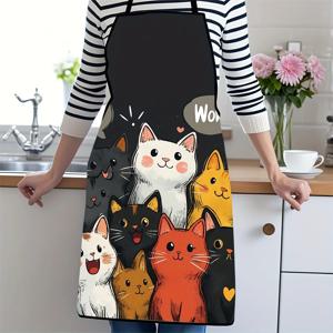 귀여운 고양이 패턴 폴리에스터 앞치마 하트와 별 디자인의 생동감 넘치는 만화 고양이 요리, 베이킹 홈 데코를 위한 주방 앞치마