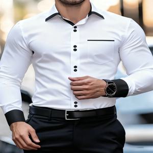 남성용 비즈니스 컬러 블록 칼라 긴팔 셔츠, 슬림핏, 구김 방지, 흑백 패치워크 셔츠, 남성 패션 탑