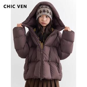 CHIC VEN 패션 여성 다운 코트 솔리드 숏 루즈 캐주얼 후드 여성 다운 재킷 90% 화이트 덕 다운 가을 겨울 2025