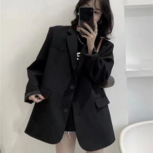 한국식 싱글 브레스티드 블랙 수트 재킷 여성 패션 포켓 긴 소매 블레이저 여성 봄 가을 올 매치 루즈 아우터웨어