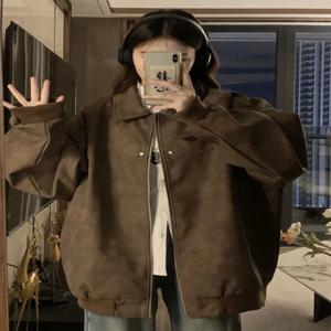 아메리칸 레트로 브라운 가죽 자켓 여성용 봄 가을 스타일 오토바이 야구 패션 브랜드 루즈핏 지퍼 포켓