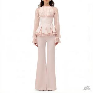 맞춤형 라이트 핑크 우아한 바지 정장 이브닝 드레스 시스루 긴 소매 웨딩 파티 드레스 플리츠 주름 장식 공식 프롬 가운