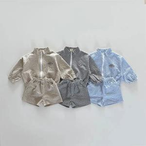 TZ2624 여름 플래드 스탠드 칼라 재킷 및 반바지 세트 (아동용) 얇은 지퍼 자외선 차단 의류 트렌디 투피스 의상