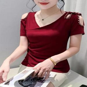 여성용 반팔 V넥 비즈 티셔츠 여름 패션 어깨 노출 슬리밍 홀 아웃 디자인 포켓 스퀘어 포함