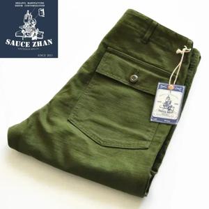 SauceZhan OG107 피로 유틸리티 바지 밀리터리 바지 빈티지 클래식 올리브 새틴 남성 베이커 바지 새틴 코튼 스트레이트 피트