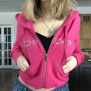 Y2k 라인스톤 베베 프린트 오버사이즈 후드 스웻셔츠, 빈티지 스트리트 지퍼 후드, 핑크 조깅 상의, 고딕 긴팔 재킷