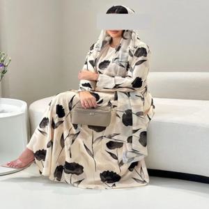 Eid 무슬림 아바야 여성용 원피스 프린트 쉬폰 아바야, 스카프 포함, 아랍 두바이 가디건 파티 드레스, 긴 로브, Jalabiya