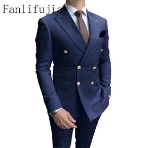 Fanlifujia 스토어 네이비 남성 파티 턱시도, 최신 피크 라펠, 골드 버튼 수트, 패션 스타일 수트, 더블 브레스트, 2 피스