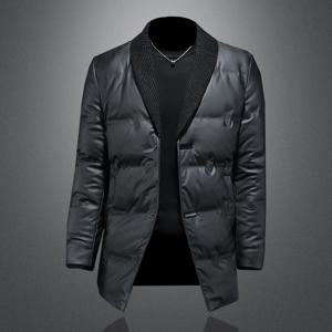 남성용 니트 칼라 PU 가죽 패션 다운 재킷, 하이 퀄리티 덕다운, 80% 미디엄에서 롱, 2024 겨울 신상