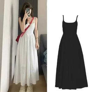 패션 높은 허리 서스펜더 드레스 여성 여름 캐주얼 간단한 다목적 긴 드레스 여성 우아한 streetwear 캐미솔 드레스