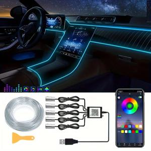5 in 1 자동차 인테리어 LED 주변 조명 스트립 6M 광섬유 분위기 넬론 조명 키트 APP 원격 제어 자동 장식 램프