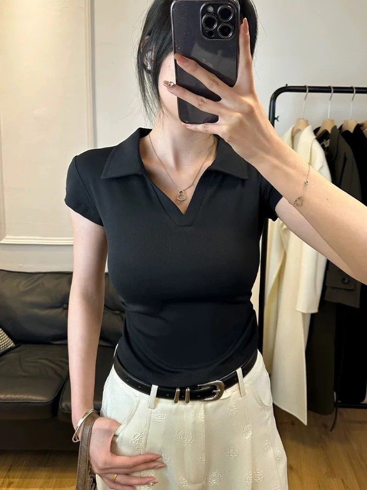 여름용 섹시한 여성용 면 티셔츠 슬림 기본 솔리드 크롭 탑 반팔 폴로 티셔츠 캐주얼 탑 티 여성용