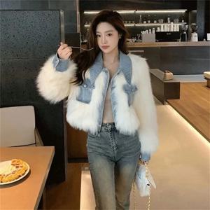 신상 여성용 퍼 코트 데님 스티칭 마오 마오 숏 코트 인조 퍼와 면 패딩 여성용 겨울 하이웨이스트 패션 숏 코트