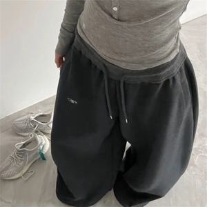 오버사이즈 여성용 그레이 블랙 스웨트팬츠 Y2K 한국 스트리트웨어 루즈 캐주얼 조거 팬츠 하이웨이스트 올매치 드로스트링 바지