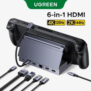 UGREEN USB C 허브 스팀 덱 도킹 스테이션 6-in-1 타입-C에서 4K120Hz HDMI 5Gbps USB-A/C PD100W 1000Mbps RJ45 ROG Ally Legion용