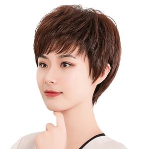 짧은 메커니즘 가발 인모 자연 블랙/다크 브라운 2가지 색상 중년 및 노년 여성용 앞머리 가발 일상용