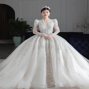여성을위한 화려한 긴 소매 웨딩 드레스 스팽글 아플리케 신부 가운 v 넥 우아함 신부 드레스 vestido de novia