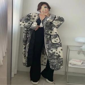 레트로 에스닉 스타일 컬러 블록 양털 재킷 여성용 롱 더블 포켓 코튼 코트 겨울 신상품 유행 아우터웨어