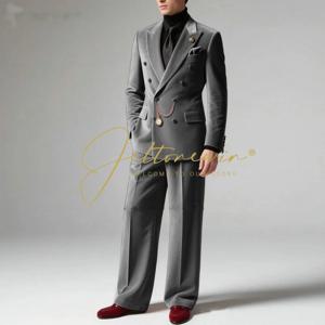 남성용 블레이저 수트 다크 그레이 벨벳 피크 라펠 더블 브레스티드 슬림핏 신랑 들러리 재킷 바지 정장 웨딩 파티 턱시도
