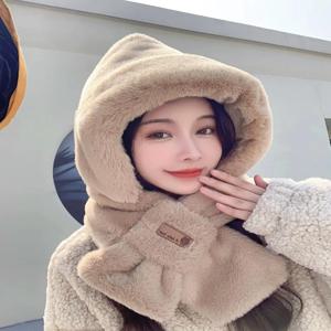 여성용 겨울 모자 스카프 세트 푹신한 후드 넥 워머 전기 자전거 라이딩 방풍 모자 투피스 세트 패셔너블 액세서리