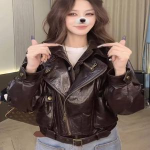 새로운 2026 여성용 양가죽 가죽 재킷 오토바이 지퍼 오일 왁스 아우터웨어 트렌디 롱 슬리브 코트 캐주얼 통근 스타일