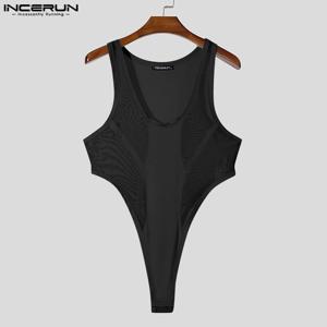 2026 솔리드 남성 바디수트 시스루 INCERUN 민소매 바디수트 U넥 메쉬 편안한 홈웨어 솔리드 라운지웨어 남성 롬퍼