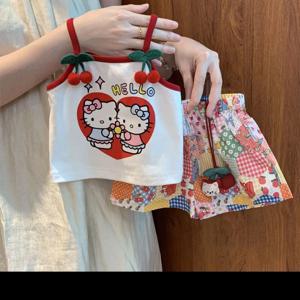 Sanrio 헬로 키티 걸스 홈웨어 세트 만화 프린트 어린이 아기 실내 및 실외용 새로운 여름 민소매 반바지 투피스