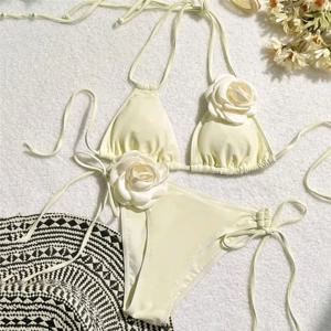 여성을위한 3D 꽃 두 조각 비키니 수영복  새로운 레이스 업 수영복 여성 별도의 Bandeau Biquini 비치 수영복