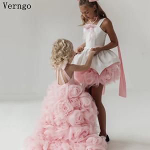 Verngo 블러시 핑크 얇은 명주 그물 여아 생일 파티 원피스 고삐, A 라인 3D 꽃 아이 드레스, 공주 웨딩 파티 원피스 맞춤