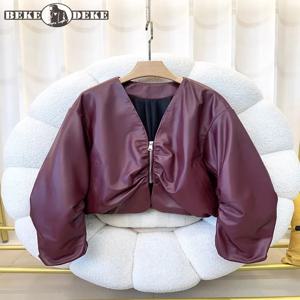 새로운 정품 가죽 자켓 여성 패션 긴 소매 디자인 솔리드 V 넥 캐주얼 짧은 코트 streetwear 숙녀 양피 겉옷