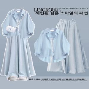 여름 안티에이징 여성용 큰 사이즈 3종 세트 스트라이프 자외선 차단 셔츠 와이드 레그 팬츠 캐주얼 하이웨이스트 긴팔