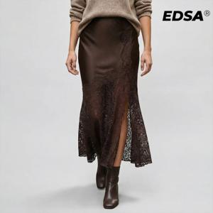 EDSA 여성 레이스 새틴 스플릿 미디 스커트 하이 웨이스트 여름 A라인 롱 스커트 여성 캐주얼 스트리트웨어