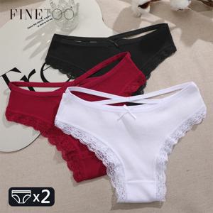 여성을위한 2PCS 코튼 팬티 섹시한 레이스 브라질 팬티 여성 낮은 허리 크로스 웨빙 속옷 스트레치 통기성 친밀한
