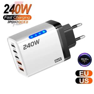5 in 1 240W GaN 고속 충전기 LED 조명 포함 2USB+3타입-C 멀티 포트 폰 충전기 (아이폰 16, 15 Pro, 삼성, 화웨이, 샤오미 15 호환)